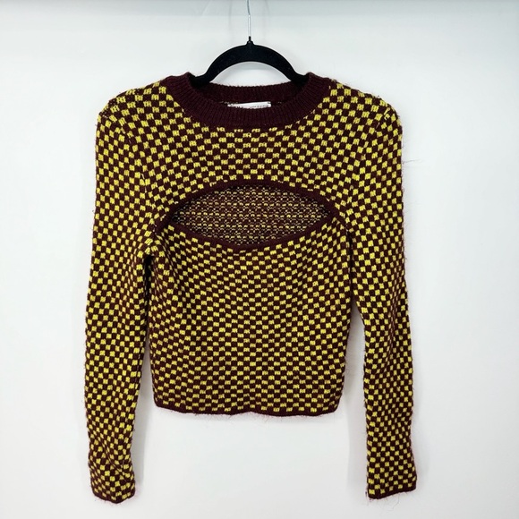Zara Checkered Front Cutout Long Sleeve Streetwear Artsy Knitted Top - Picture 1 of 4